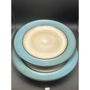 Vintage Set Of 2 Pier 1 Import “Teal Reactive” Stoneware Dinner Plates 1990’s
